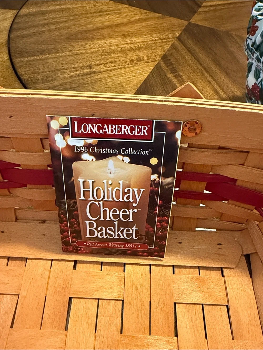 Longaberger Wood-Lid Basket with Red Trim and Floral Liner